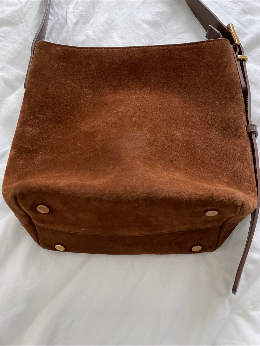 Quince Italian Suede Crossbody Bucket Bag in Whiskey Brown - Picture 5 of 14